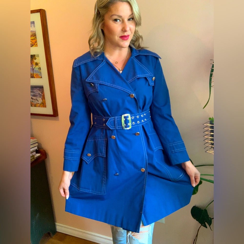 Vintage Blue 'Cora' Belted A-Line Trench Coat, Size M/L